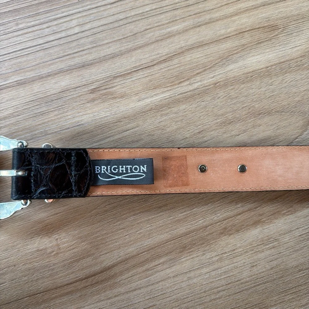 Black Croc-Embossed Western Belt with Silver Accents